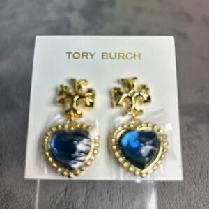Tory Burch Roxanne Earrings Gold Logo & Classic Sapphire Blue Hearts wrapped